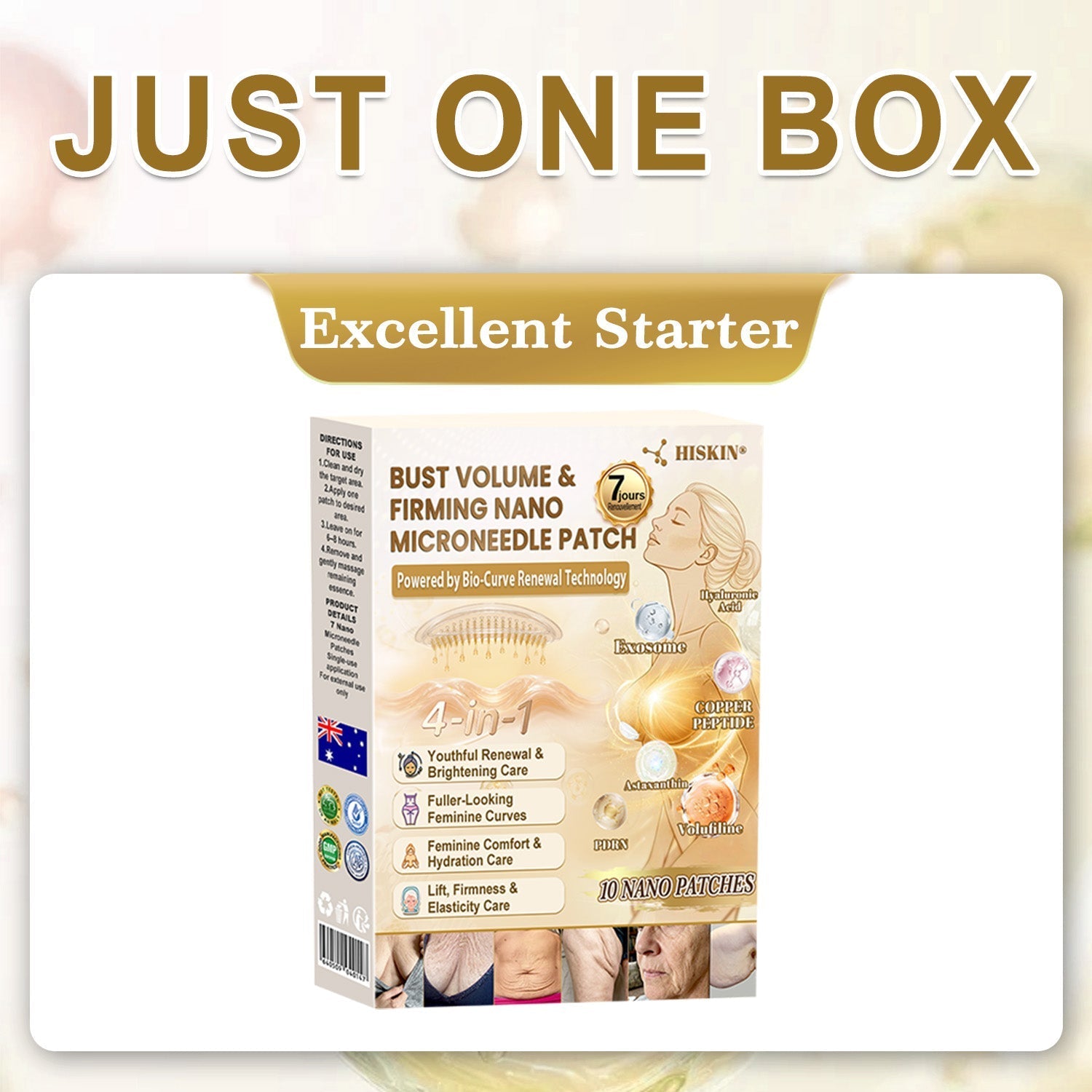HISKIN® Bust Volume, Lift & Firming Nano Microneedle Patch Volufiline + Exosome + Copper Peptide Formula Powered by Cellular Renewal Technology