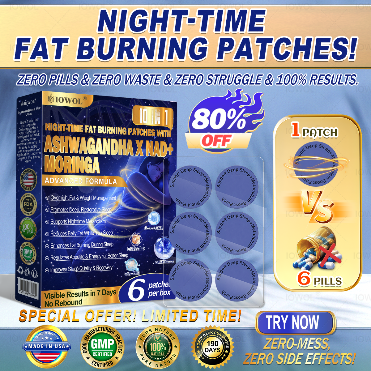 IOWOL®-Pflaster zur Fettverbrennung über Nacht! Keine Tabletten, kein Abfall, keine Mühe – und 100 % Ergebnisse.